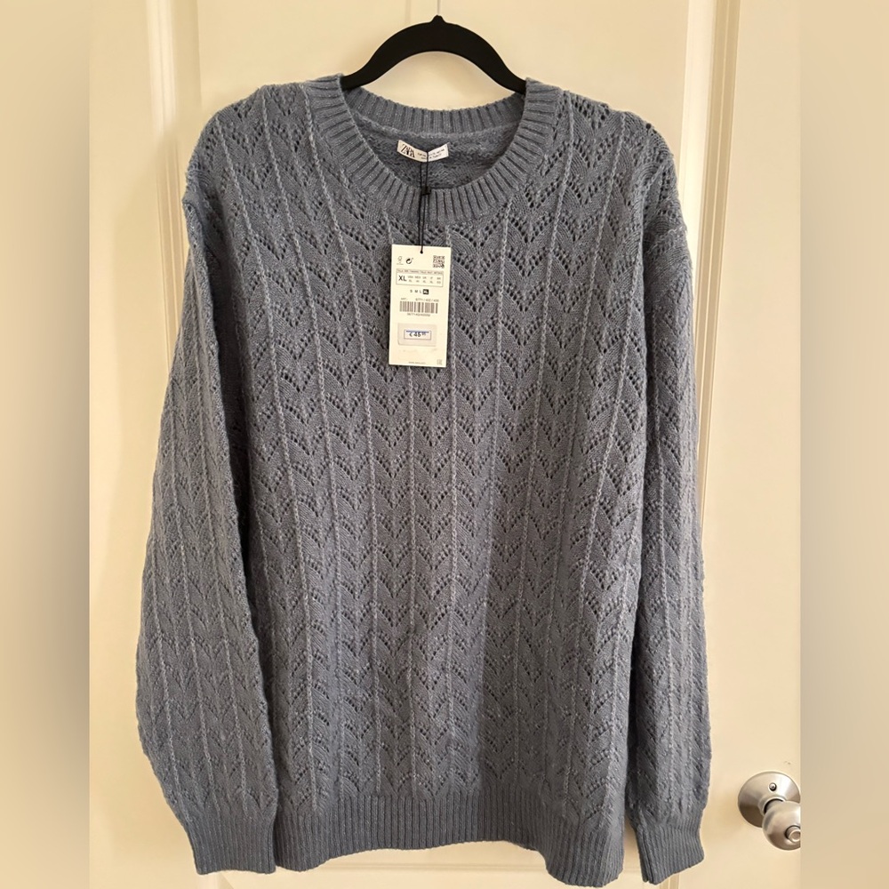 Zara Men's Dusty Blue Cable Knit Crewneck Sweater